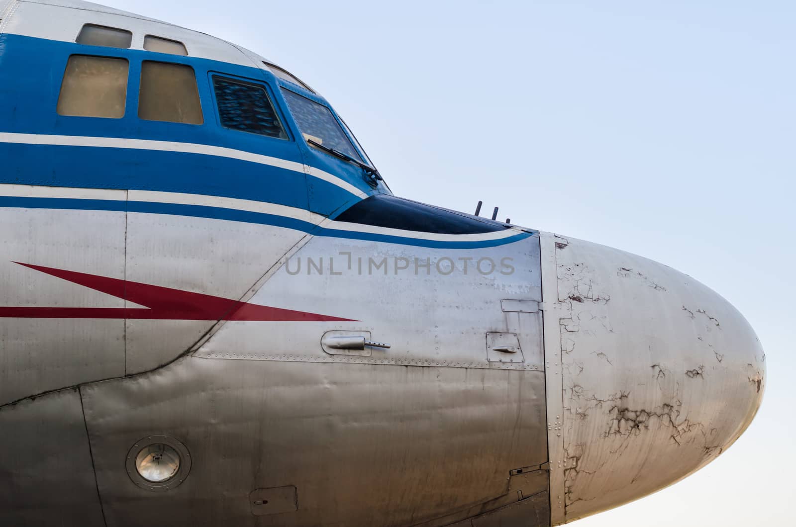 cockpit of an old large vintage civilian plane isolated closeup