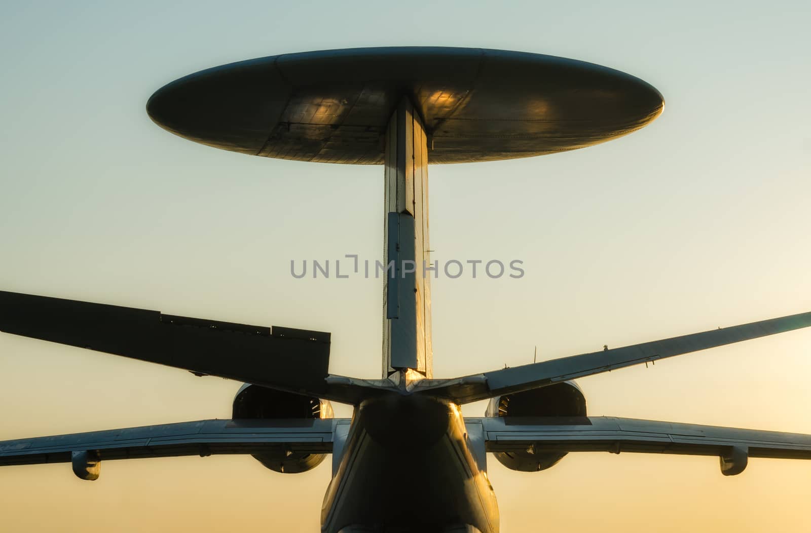 silhouette russian army reconnaissance large plane with a round antenna in isolation