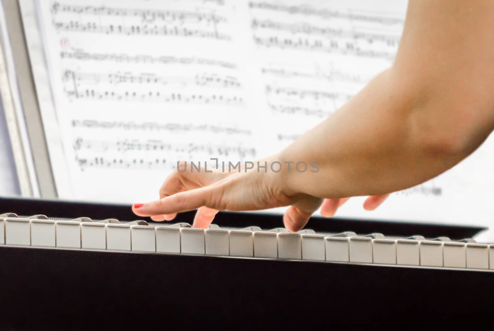 female hands of a pianist musician and piano keys closeup