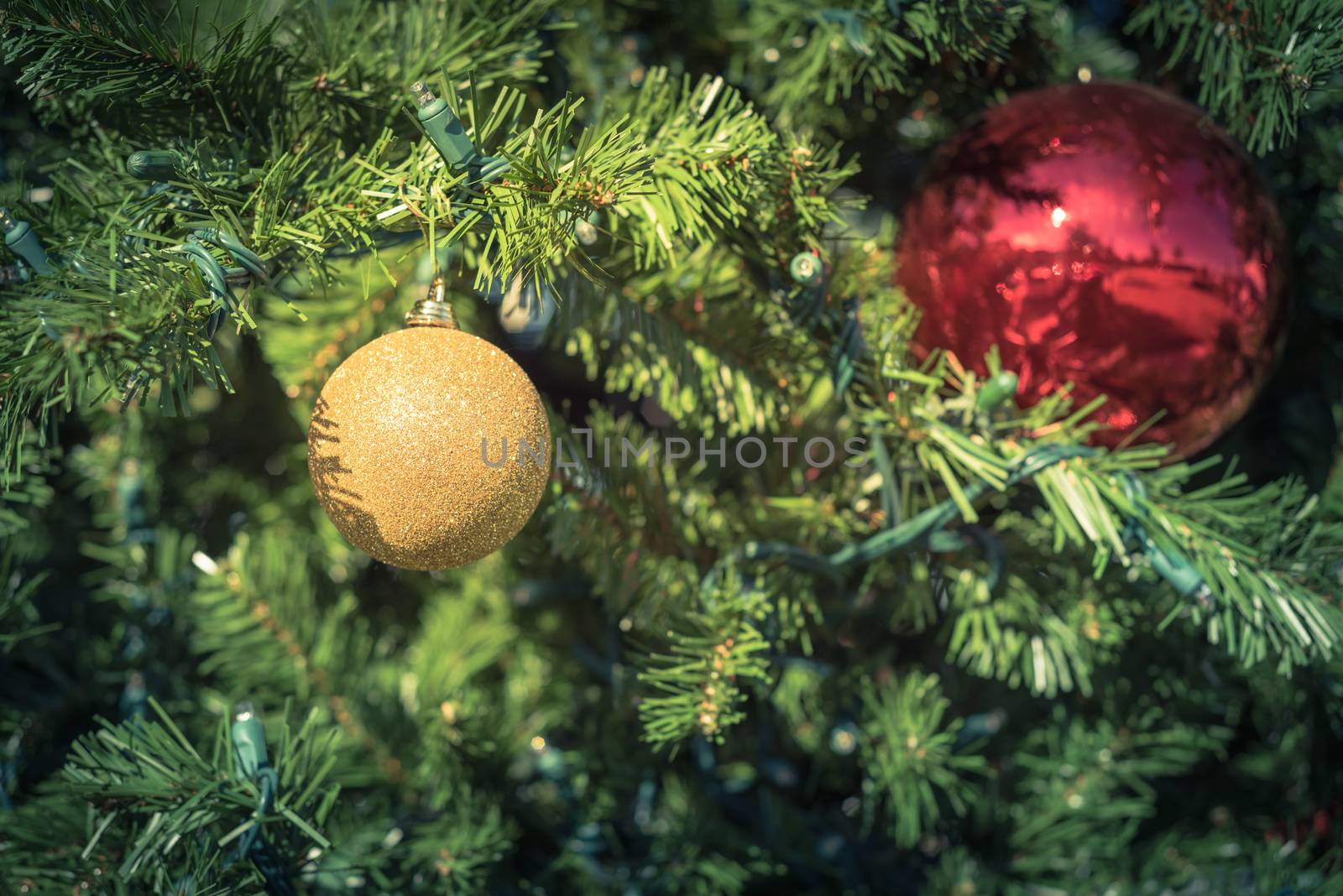 Vintage tone shiny Christmas red ball hanging on pine branches at daytime light. Baubles and branch of spruce tree. Traditional artificial Xmas tree with ball ornament at public park near Dallas, Texas