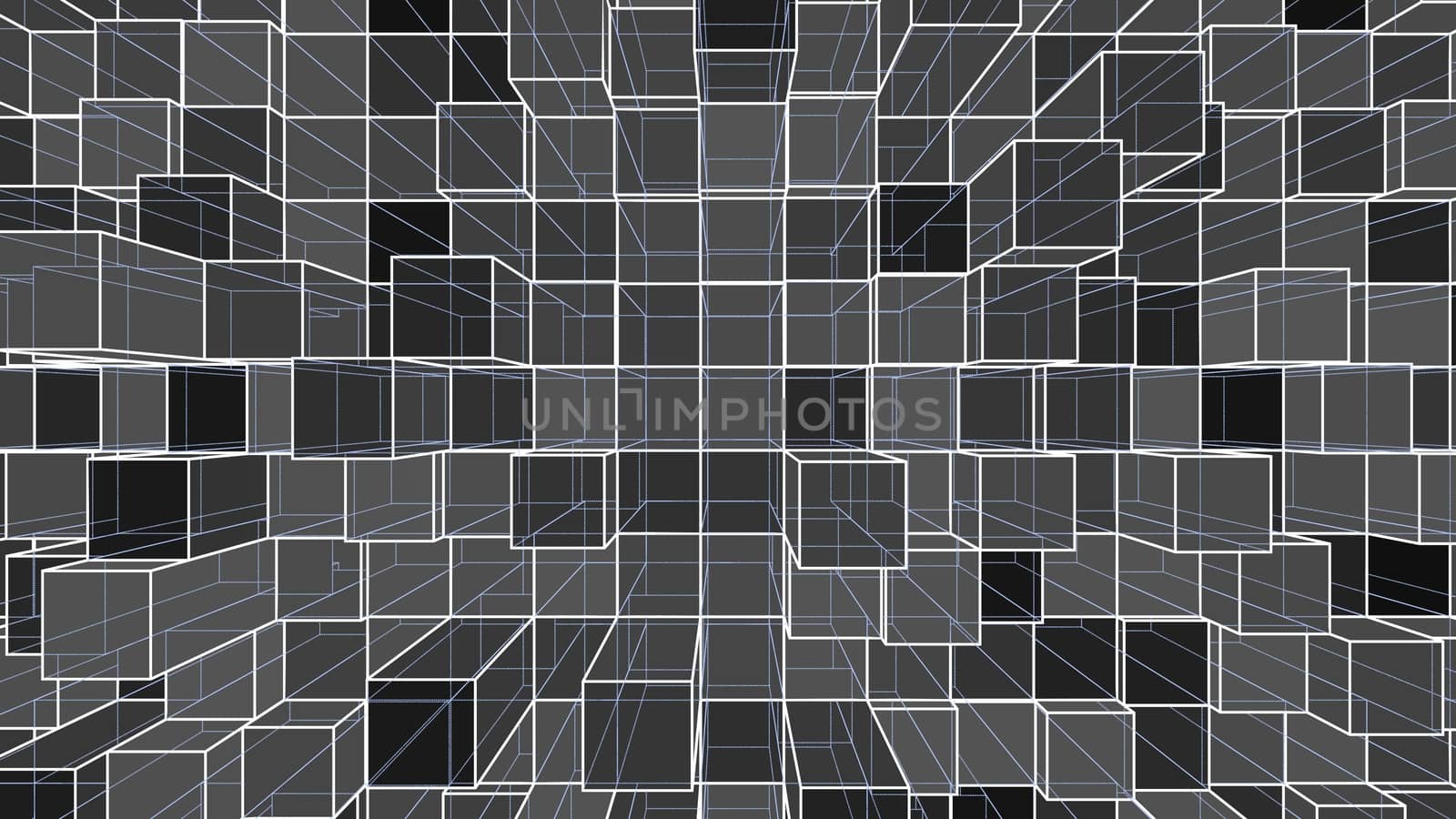 Abstract background of colorful outline cubes. 3D illustration. Wire-frame style.