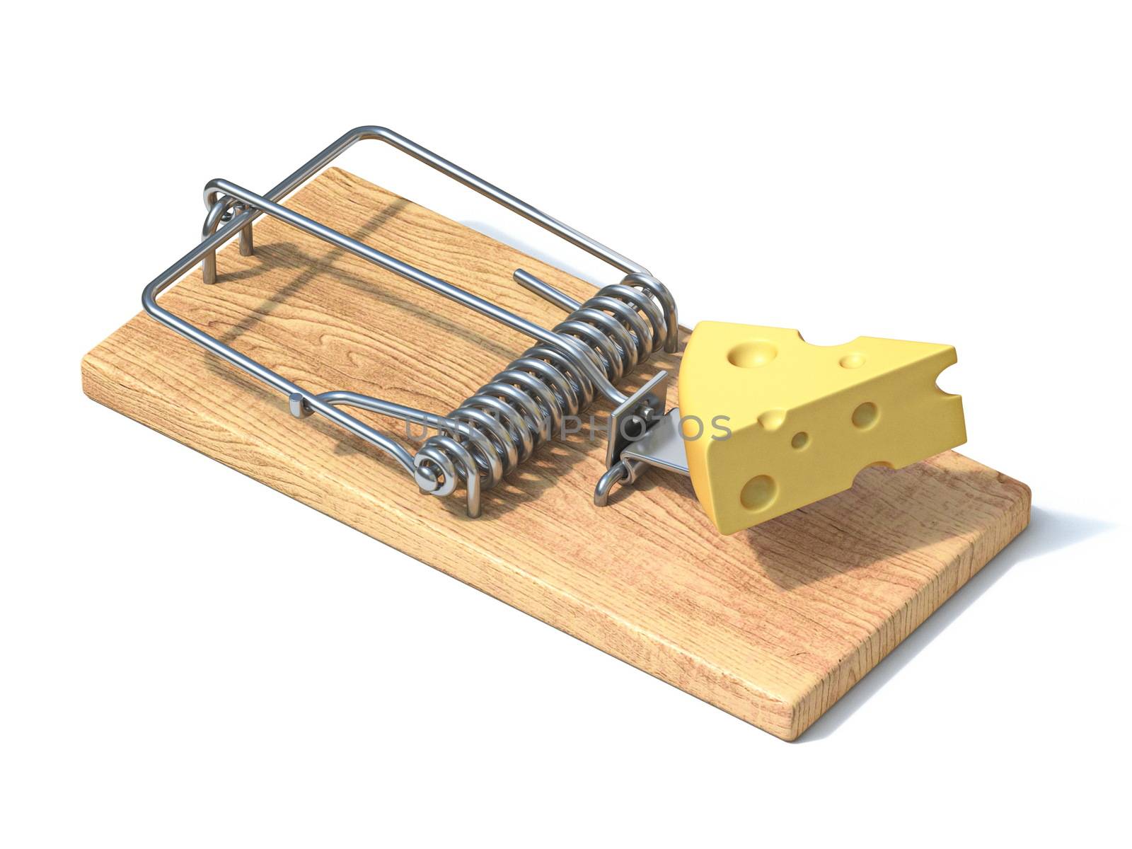 Mouse trap with cheese 3D rendering illustration isolated on white background