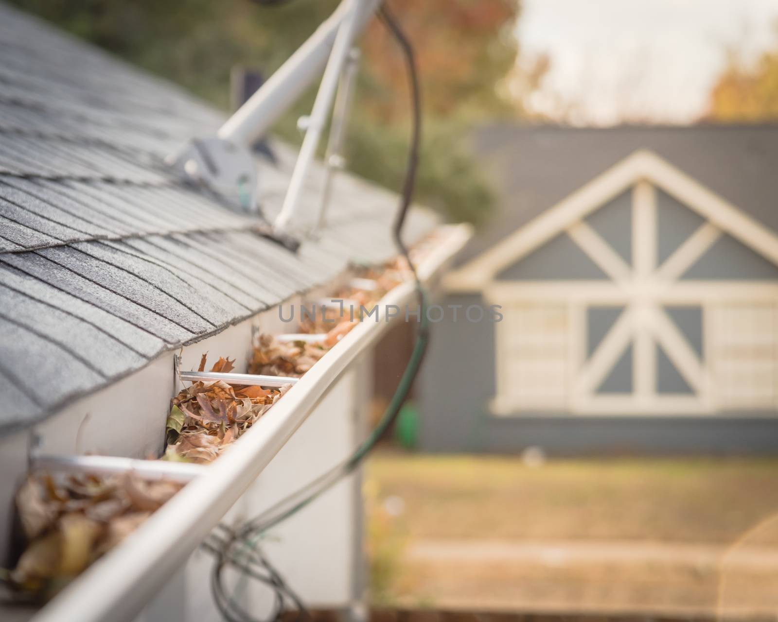 Blocked gutter near roof shingles with satellite dish in background. Clogged drain pipe full of dried leaves and dirty need to clean-up. Gutter cleaning and home maintenance concept