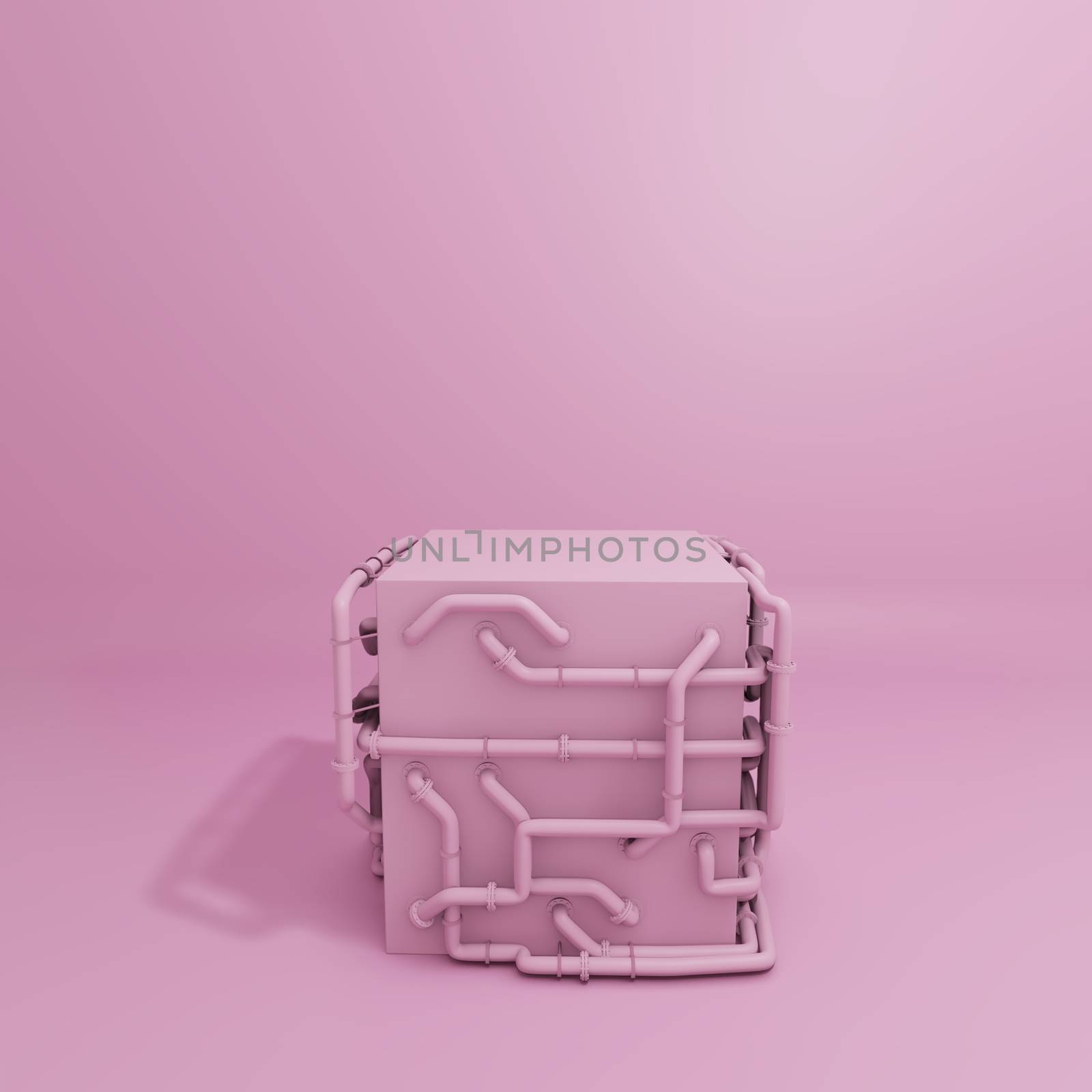 Pink Pastel Product Box Stand With Pipes. 3D Rendering. Beauty Industrial Concept