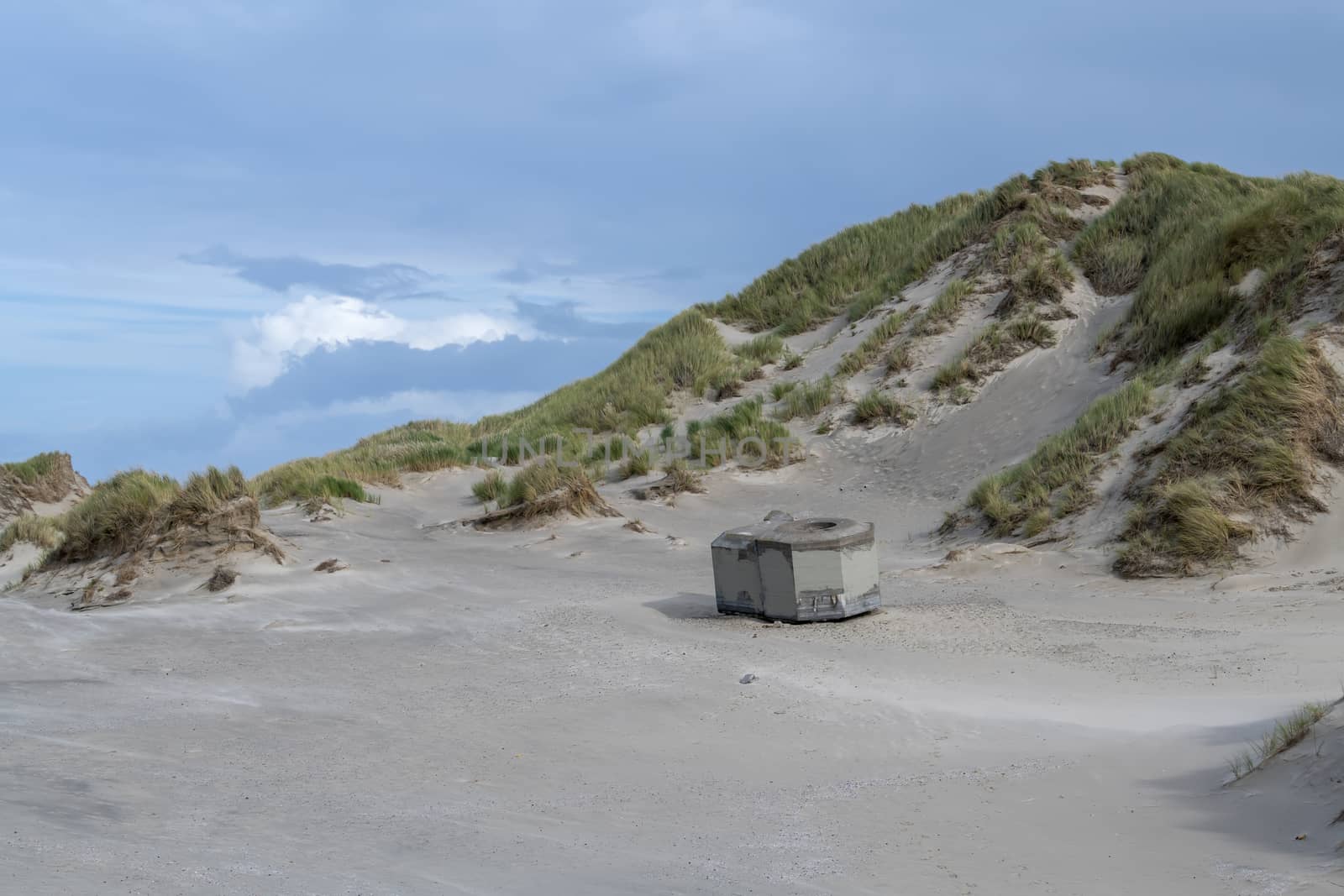 Old German bunker on the island Terschelling in the dunes nearby the North Sea in the North of the Netherlands
