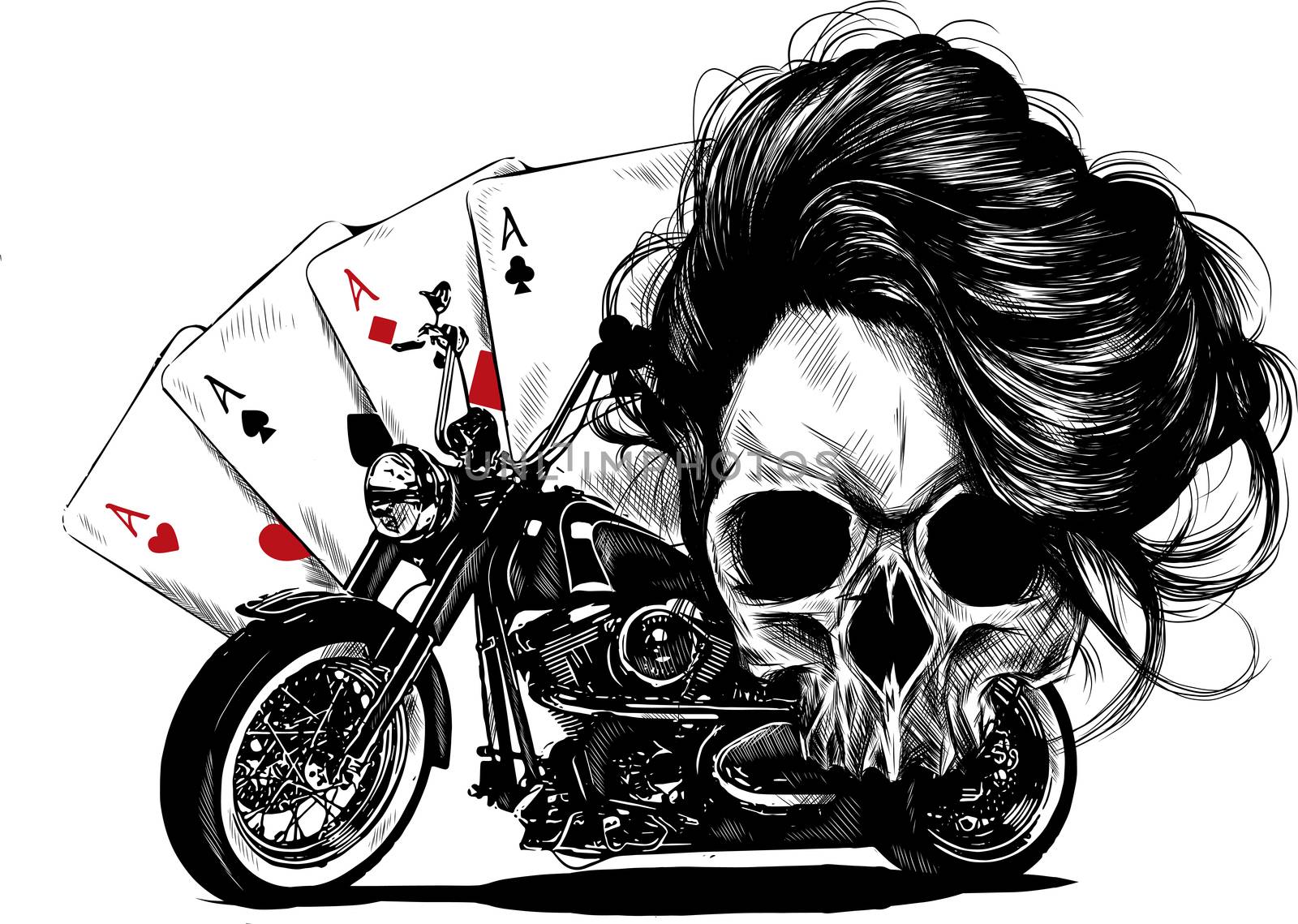 illustration Motorcycle woman skull with playing cards