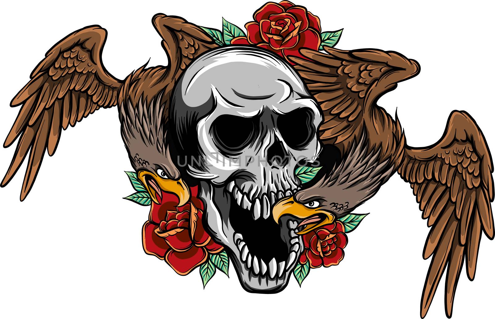 two Eagles and Skull with roses