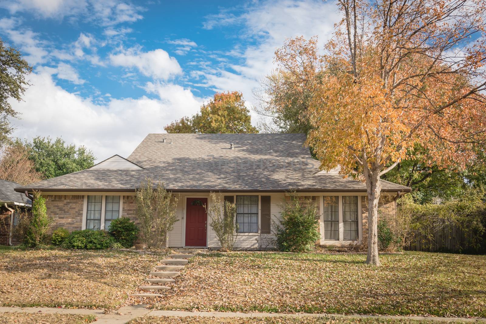 Typical front yard of single family houses near Dallas, Texas in fall season with colorful autumn leaves. Elevated sidewalk of one story house under mature trees with cloud blue sky