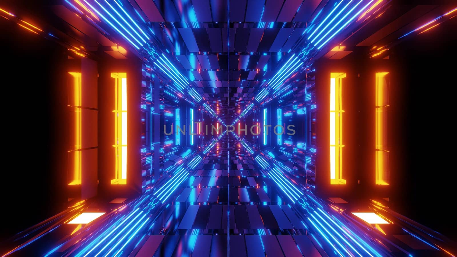 futuristic scifi space hangar tunnel corridor with endless glowing lights 3d illustration visual background wallpaper, endless lights 3d rendering art