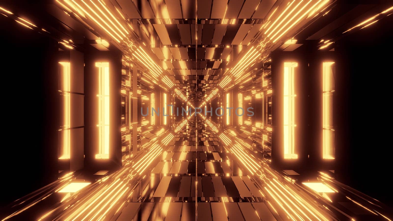 futuristic scifi space hangar tunnel corridor with endless glowing lights 3d illustration visual background wallpaper by tunnelmotions