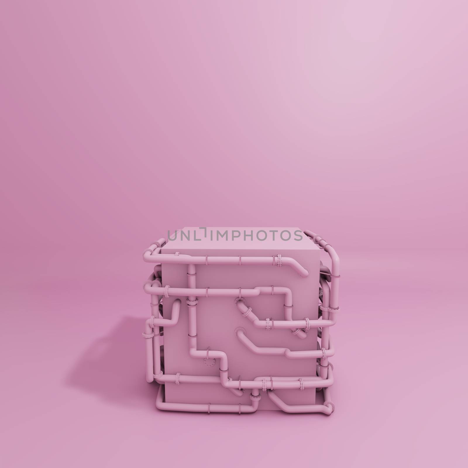 Pink Pastel Product Box Stand With Pipes. 3D Rendering. Beauty Industrial Concept