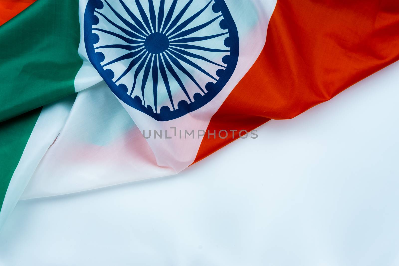 National flag of India on white background for Indian Independence day. Top view, copy space for text.