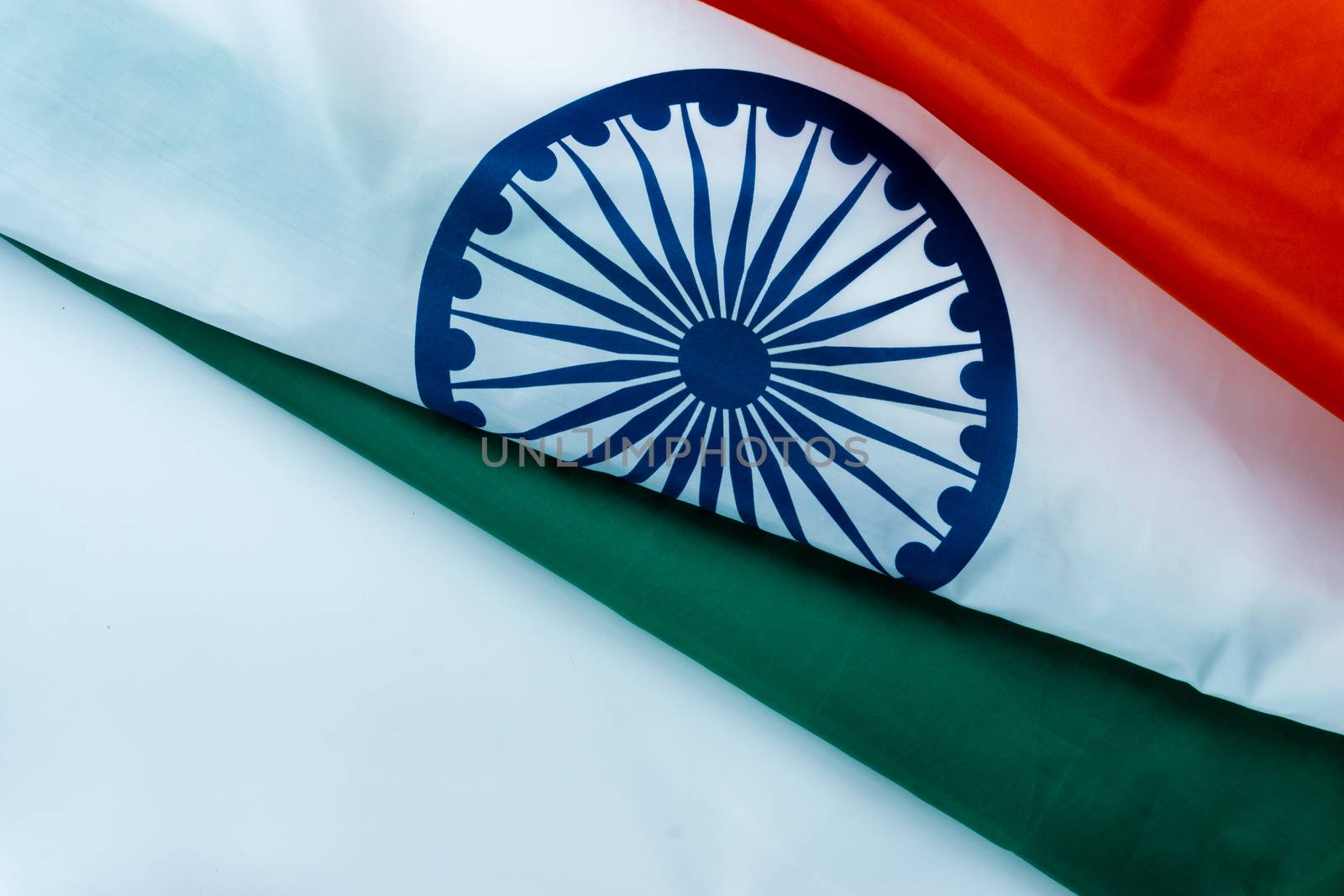 National flag of India on white background for Indian Independence day. Top view, copy space for text.