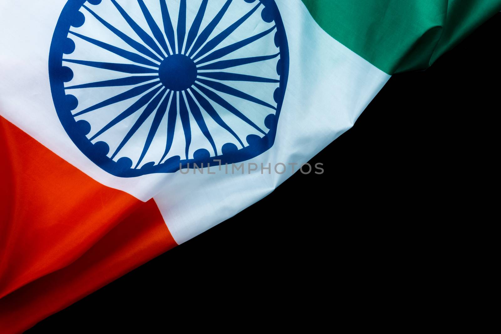 National flag of India on black background for Indian Independence day. Top view, copy space for text.