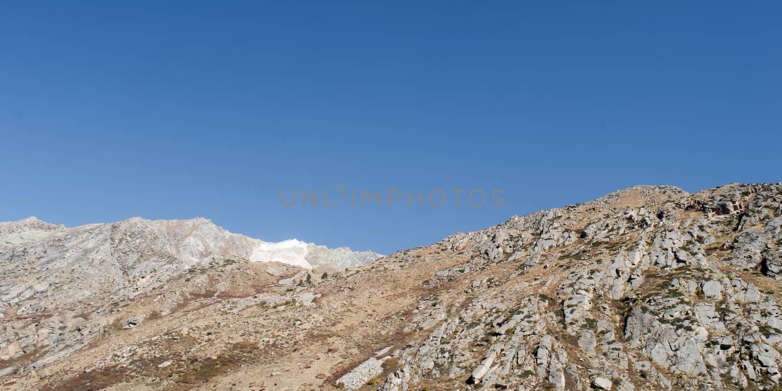 Mountain Landscape with Blue Sky. Copy Space above Mountains horizon over range of peaks valleys and cliffs. Natural floor of the earth. Panoramic canvas background design element. Leh Ladakh, India. by sudiptabhowmick