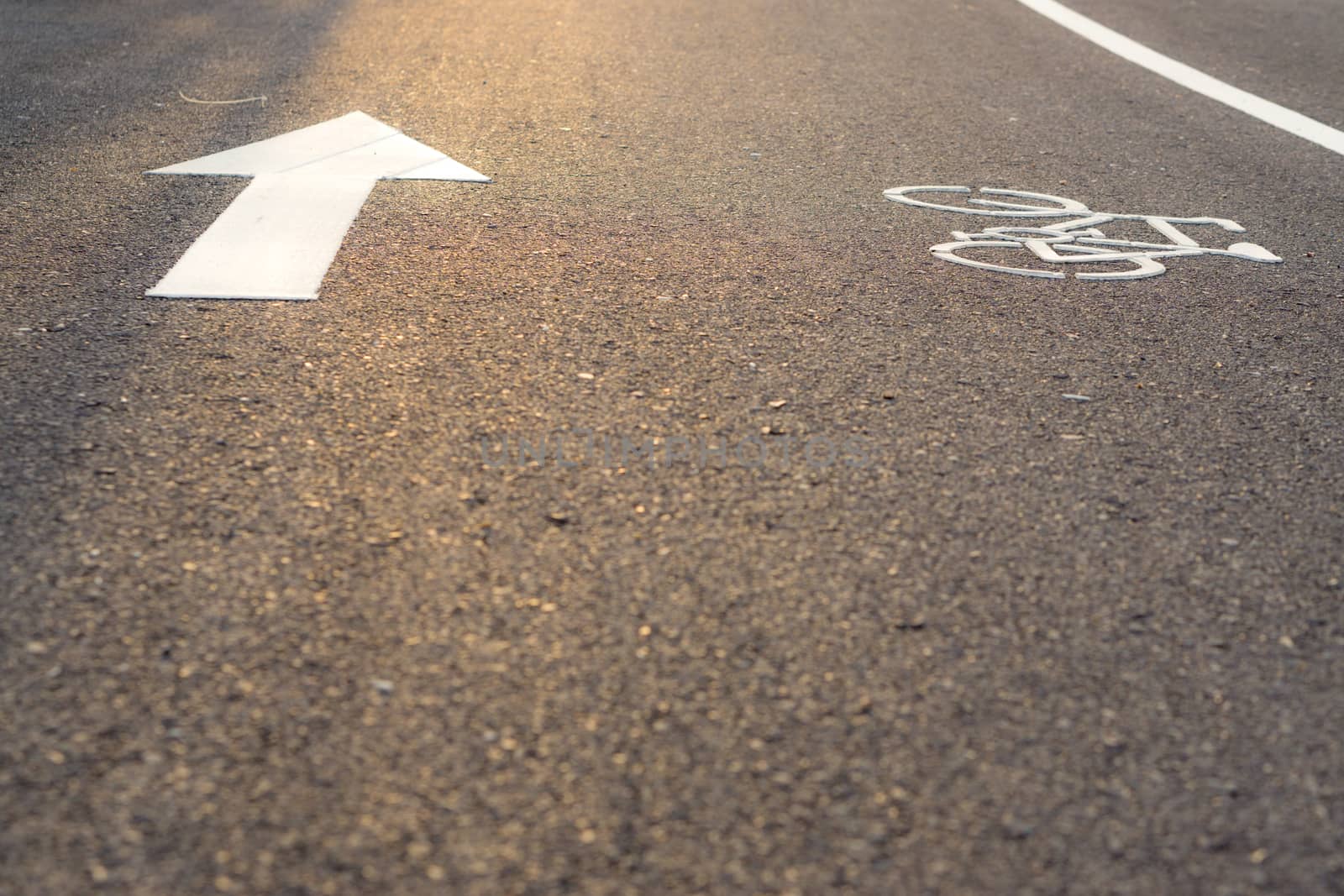 Bicycle lane marking or bike road sign with an arrow on the stre by mikesaran