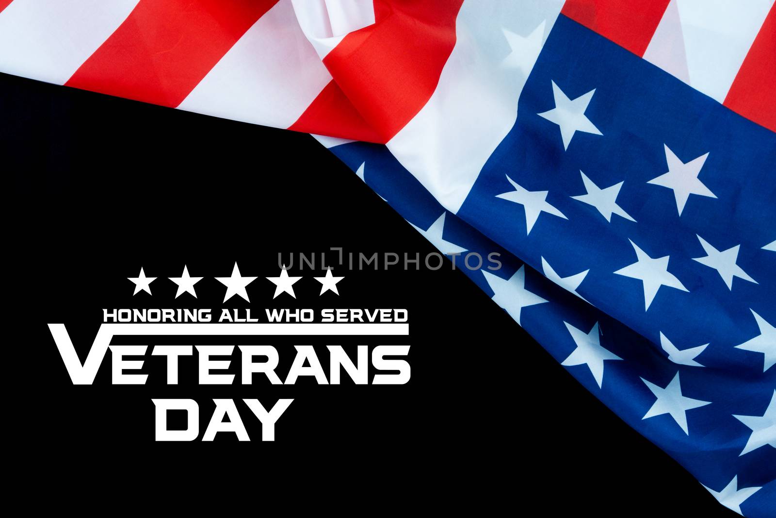 Happy Veterans Day with American flags on dark background.
