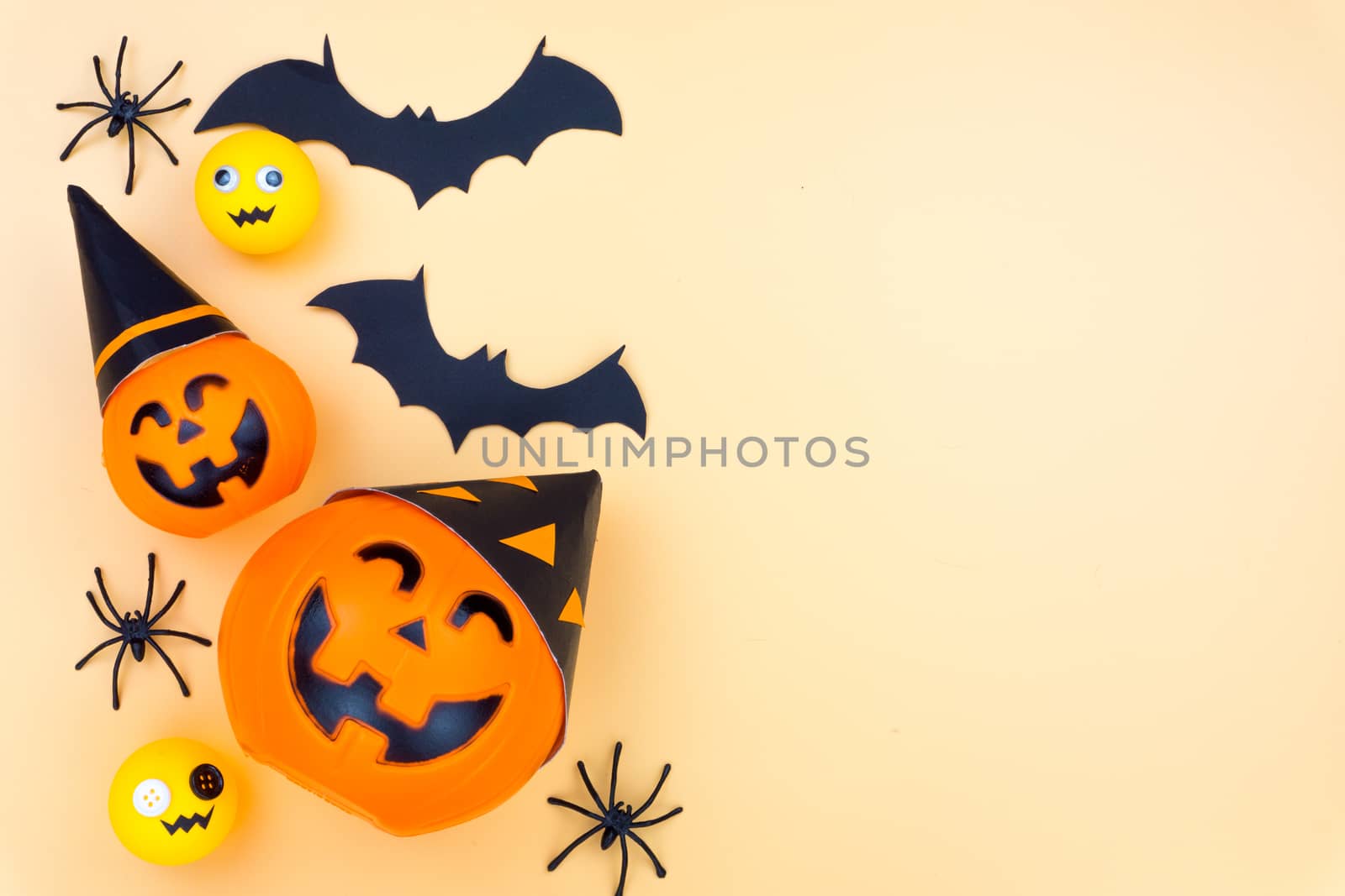 Top view of Halloween decoration, jack o lantern, ghost, bat and by mikesaran