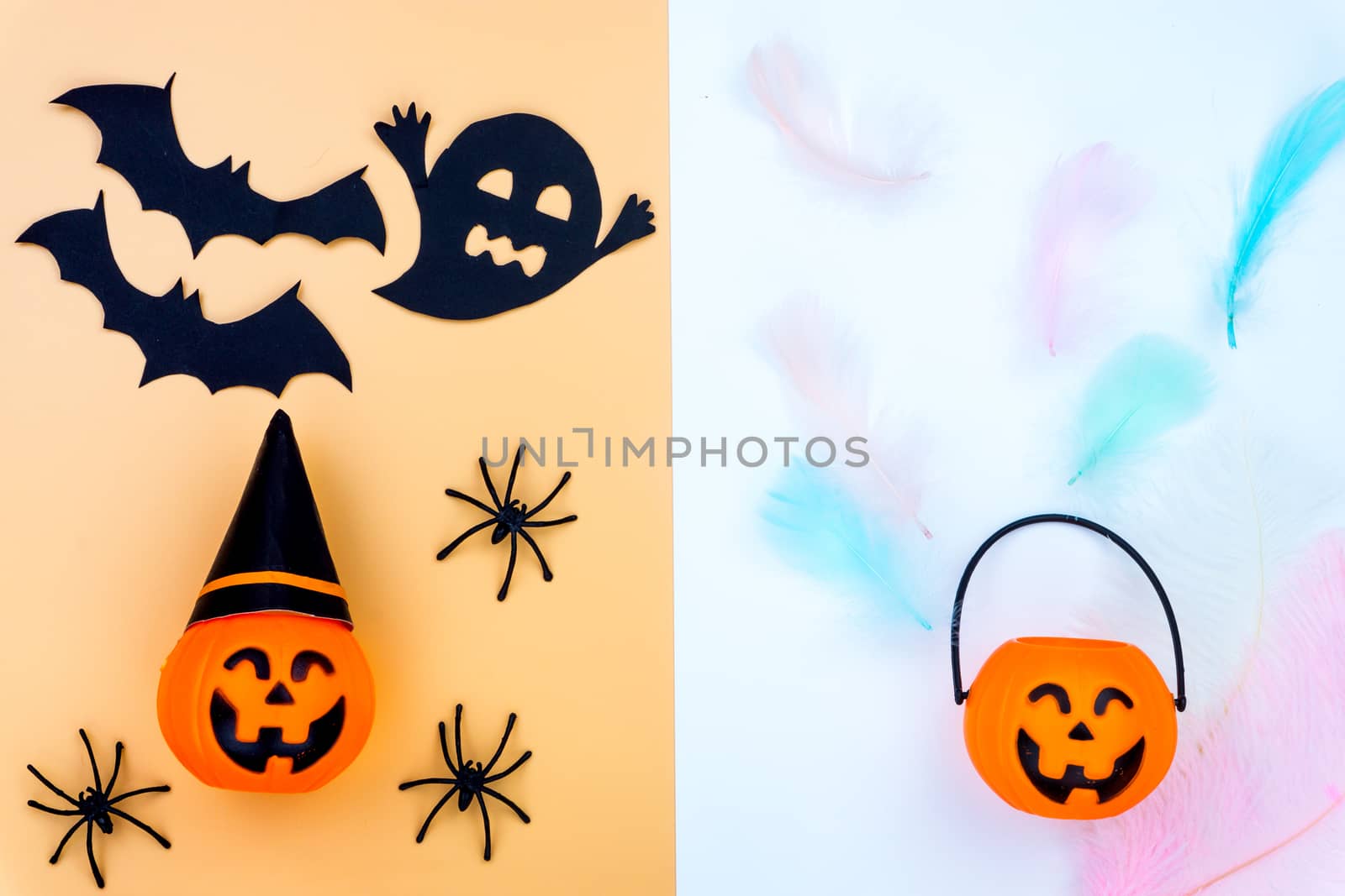 Top view of Halloween decoration, jack o lantern, ghost, bat and by mikesaran