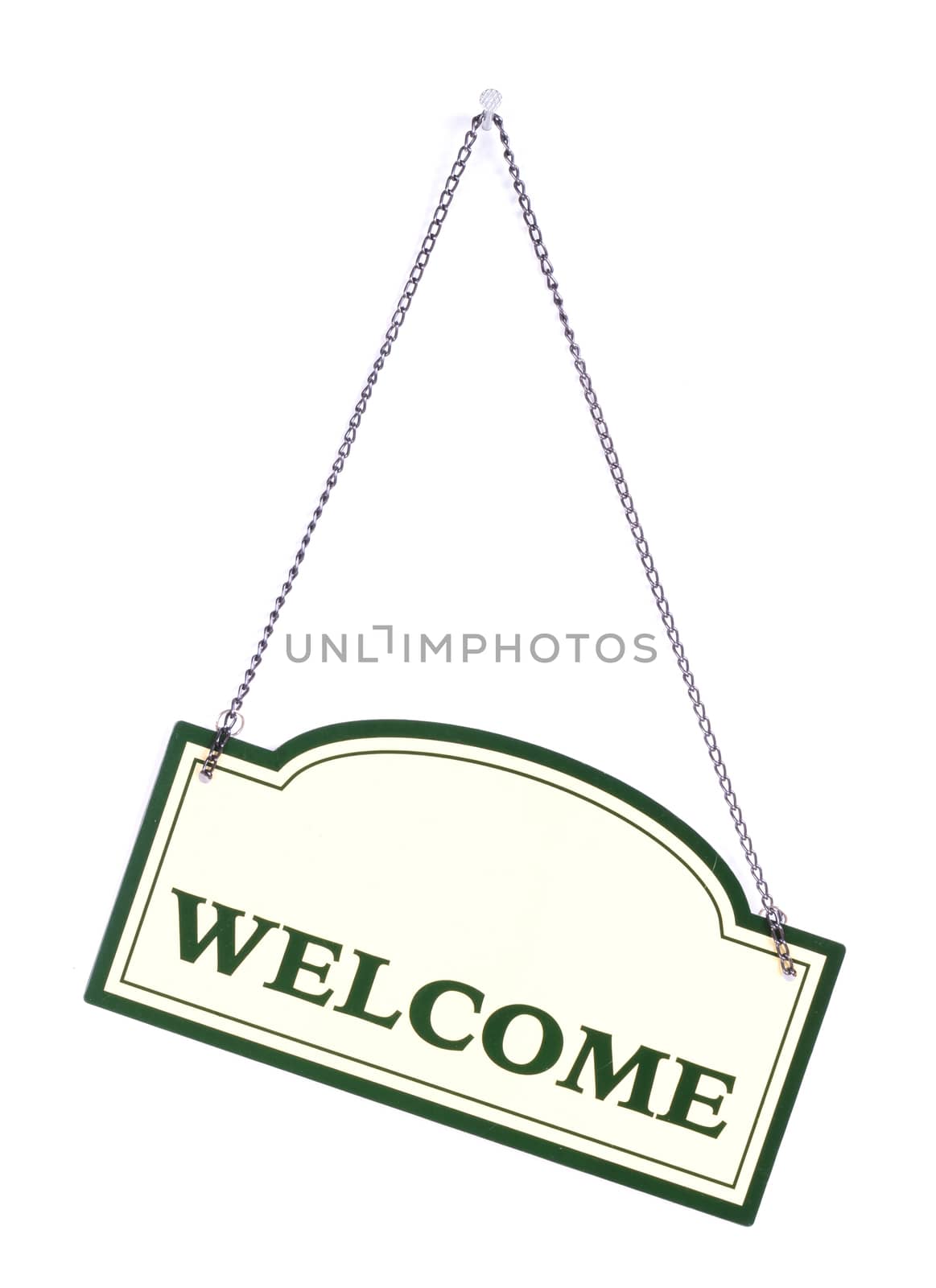 Sign hanging on a nail, isolated on white