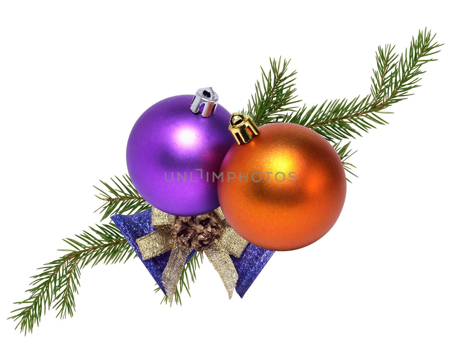 Christmas decoration. Fir twig with Christmas balls on white background