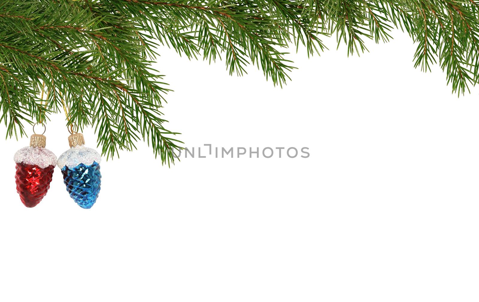 Christmas decoration. Fir twigs as border with Christmas balls on white background