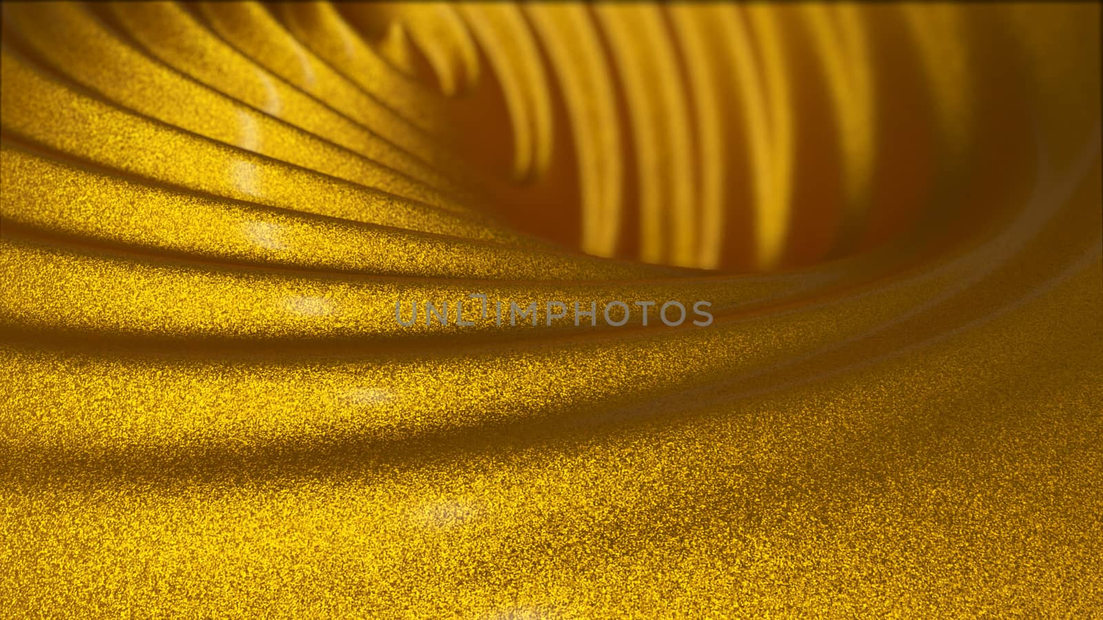 3d rendering of melted golden wavy substance with small flakes and light reflections on it.