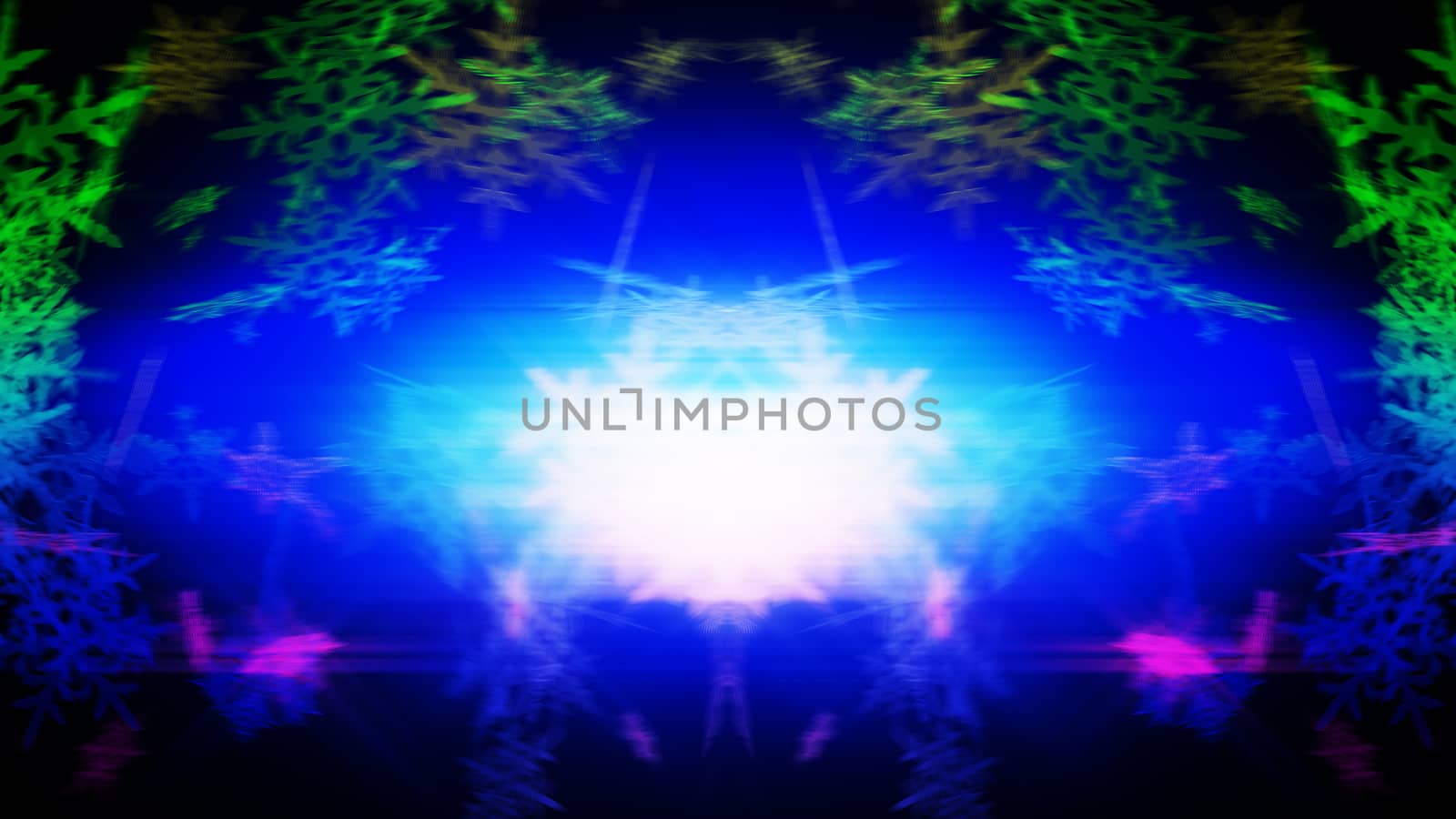 3d rendeing of winter snowflakes in motion and colorful background and a flash on the center of illustration for some text.