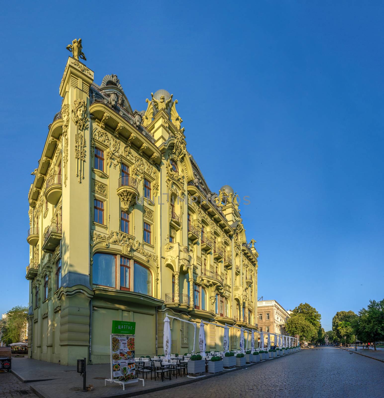 Odessa, Ukraine - 06.16.2019. Hotel Bolshaya Moskovskaya on Deribasovskaya street in Odessa, Ukraine, on a sunny summer morning