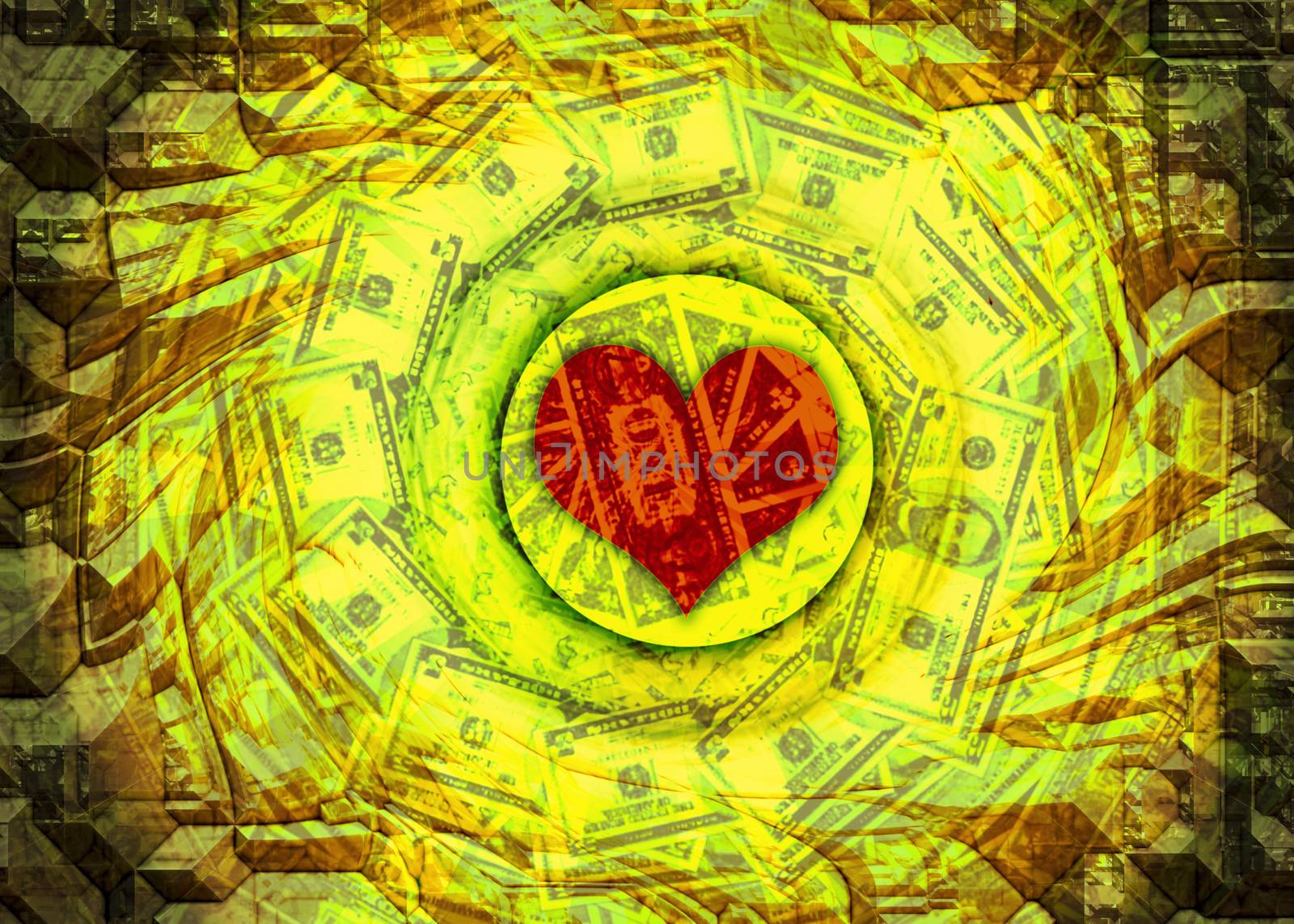 Illustration of gold, money and love, shows what a life vortex an inexperienced girl can get into in her life