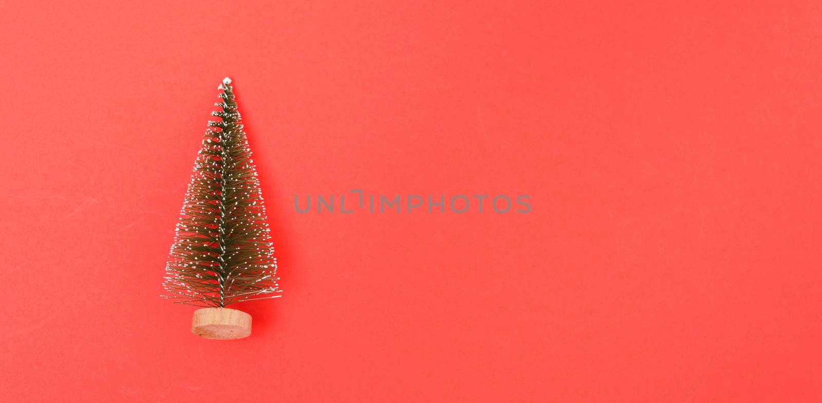 Christmas holiday theme with small Christmas trees decorated on red background. Merry Christmas concept. With Copy space for text