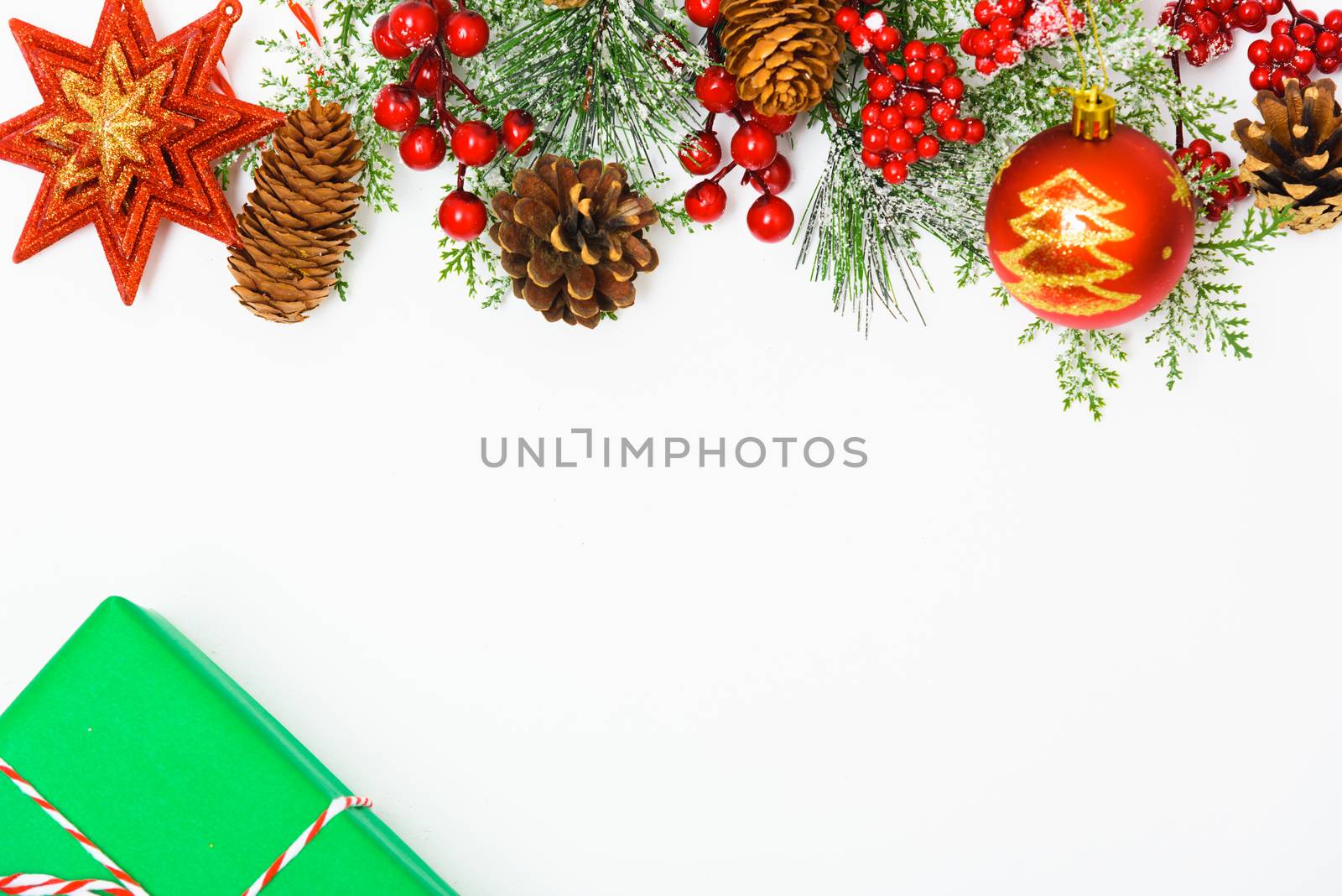 Christmas composition decorations, fir tree branches on white ba by Sorapop