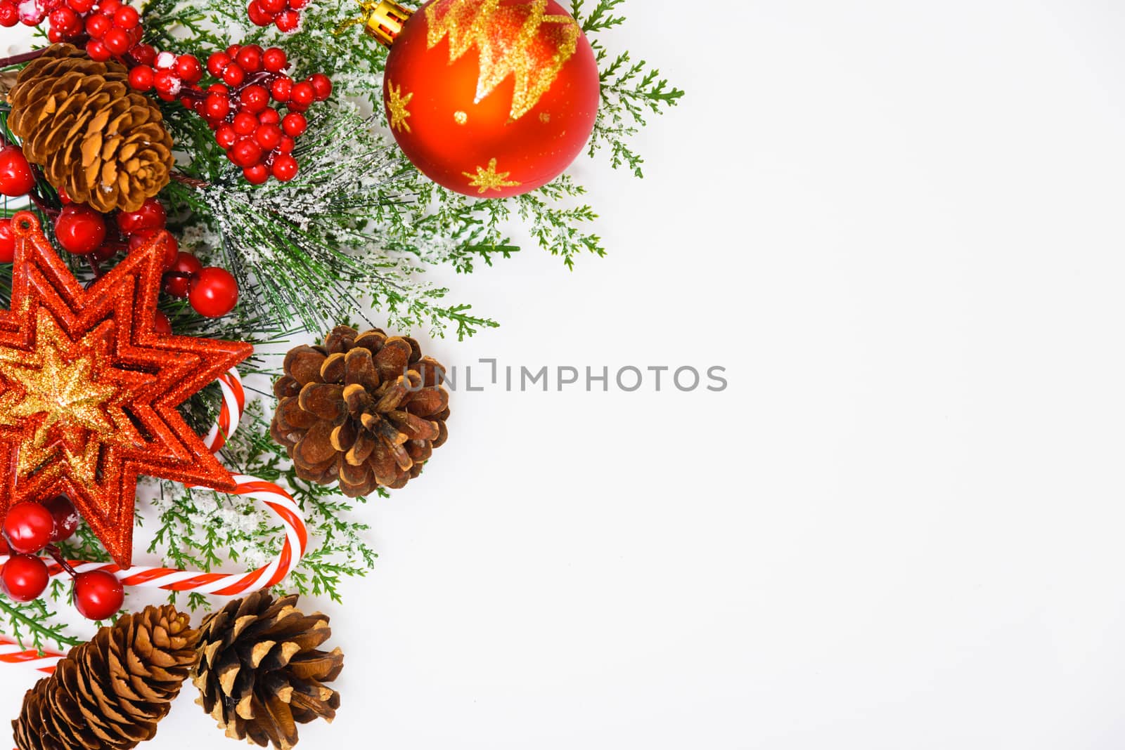 Christmas composition decorations, fir tree branches on white ba by Sorapop