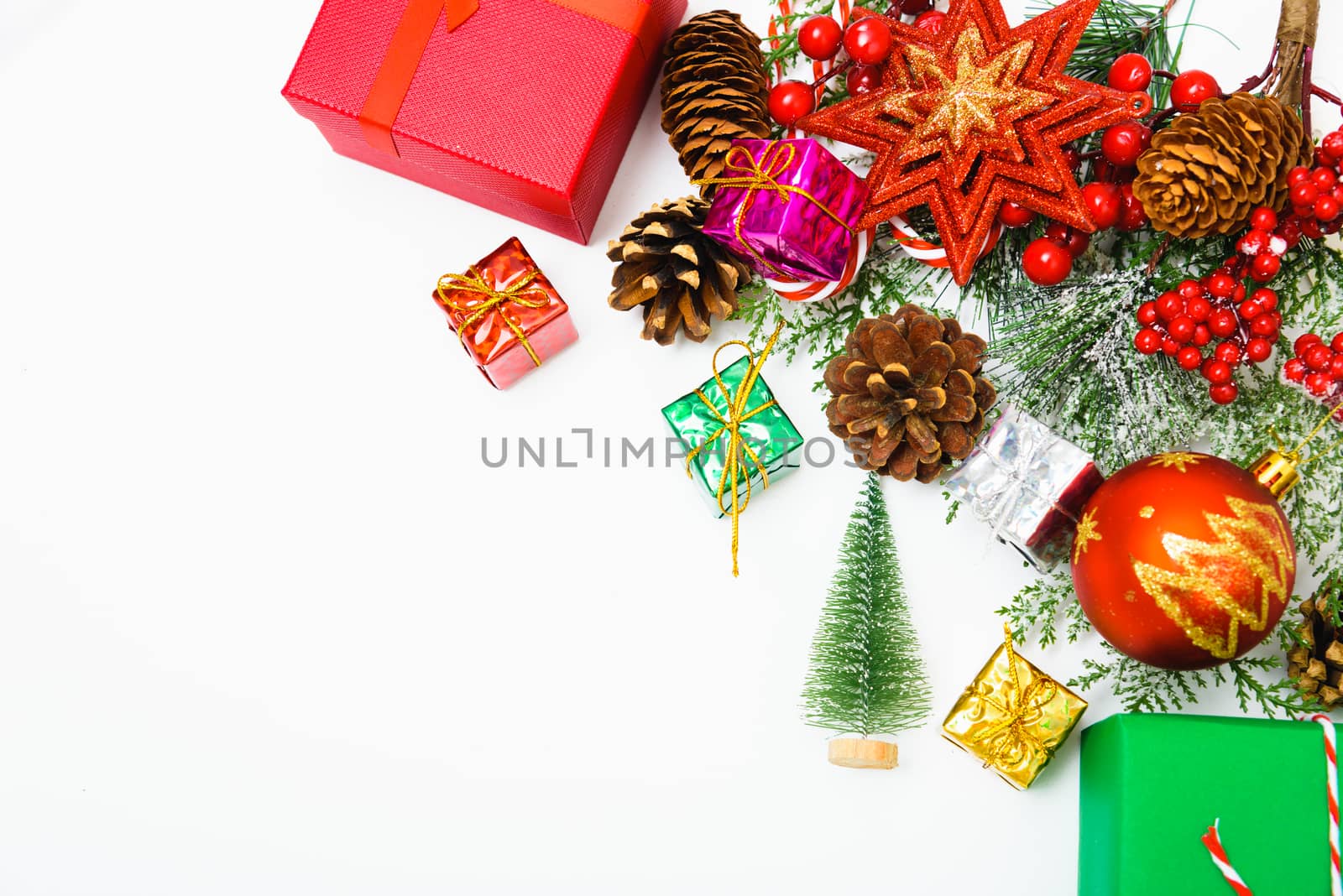 Christmas composition decorations, fir tree branches on white background. Merry Christmas concept. Copy space for text