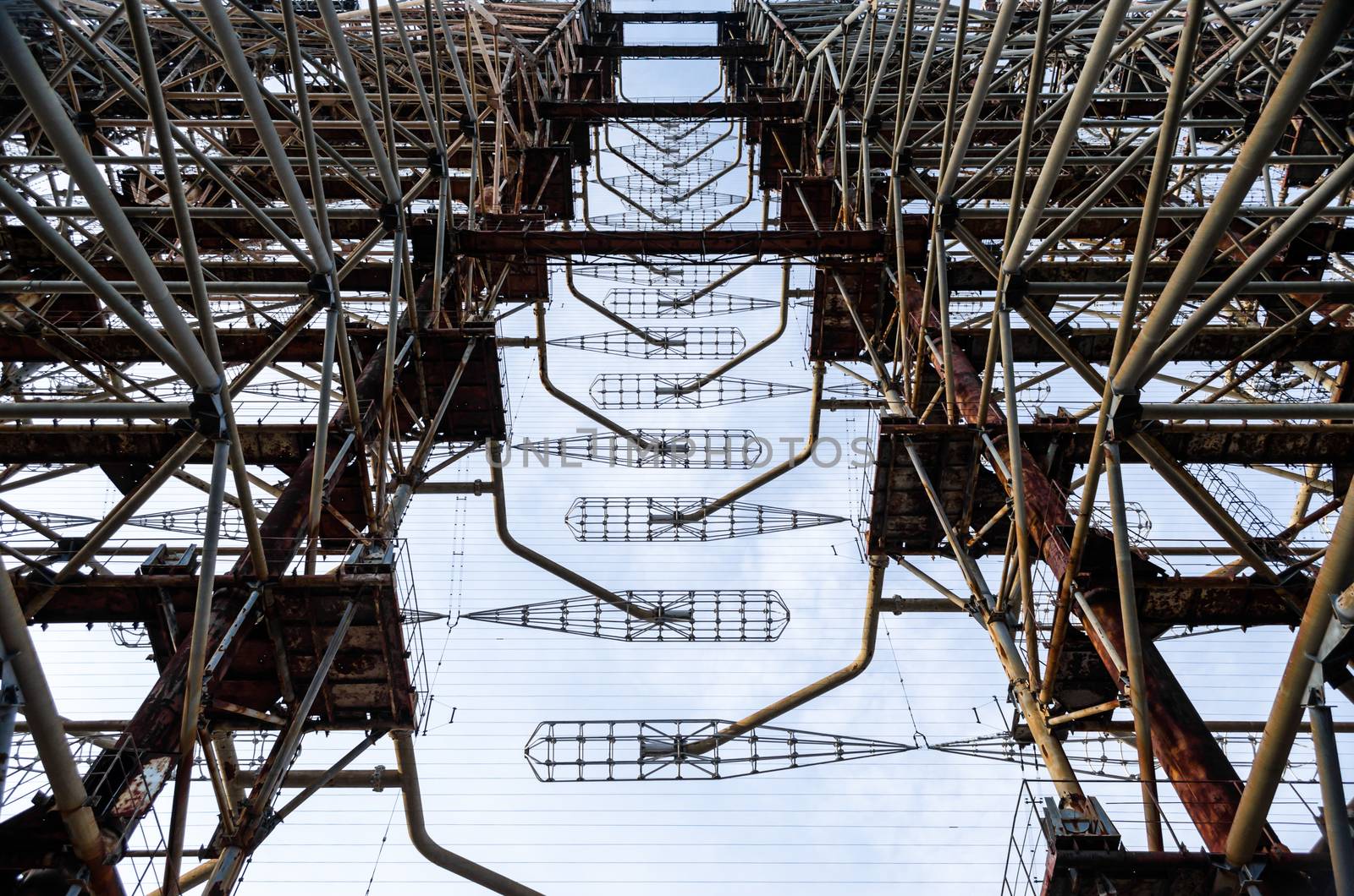 old secret army soviet radar on a background of blue sky and clouds in Chernobyl Ukraine