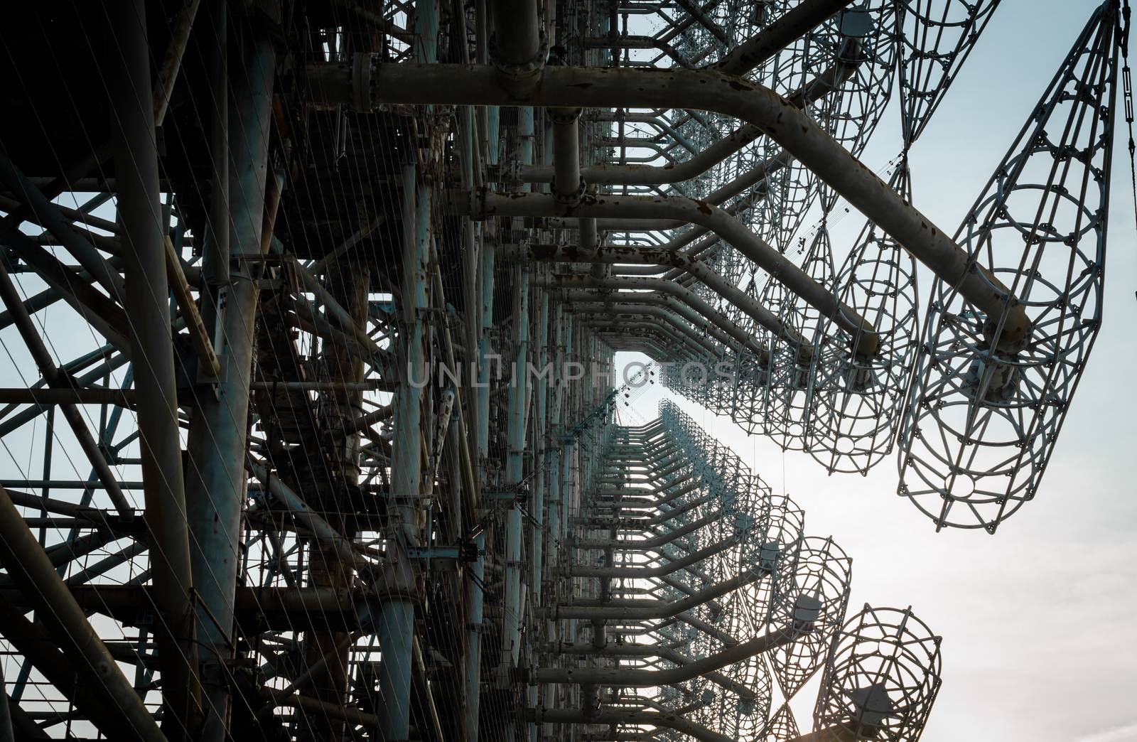 old secret army soviet radar on a background of sky and clouds in Chernobyl Ukraine
