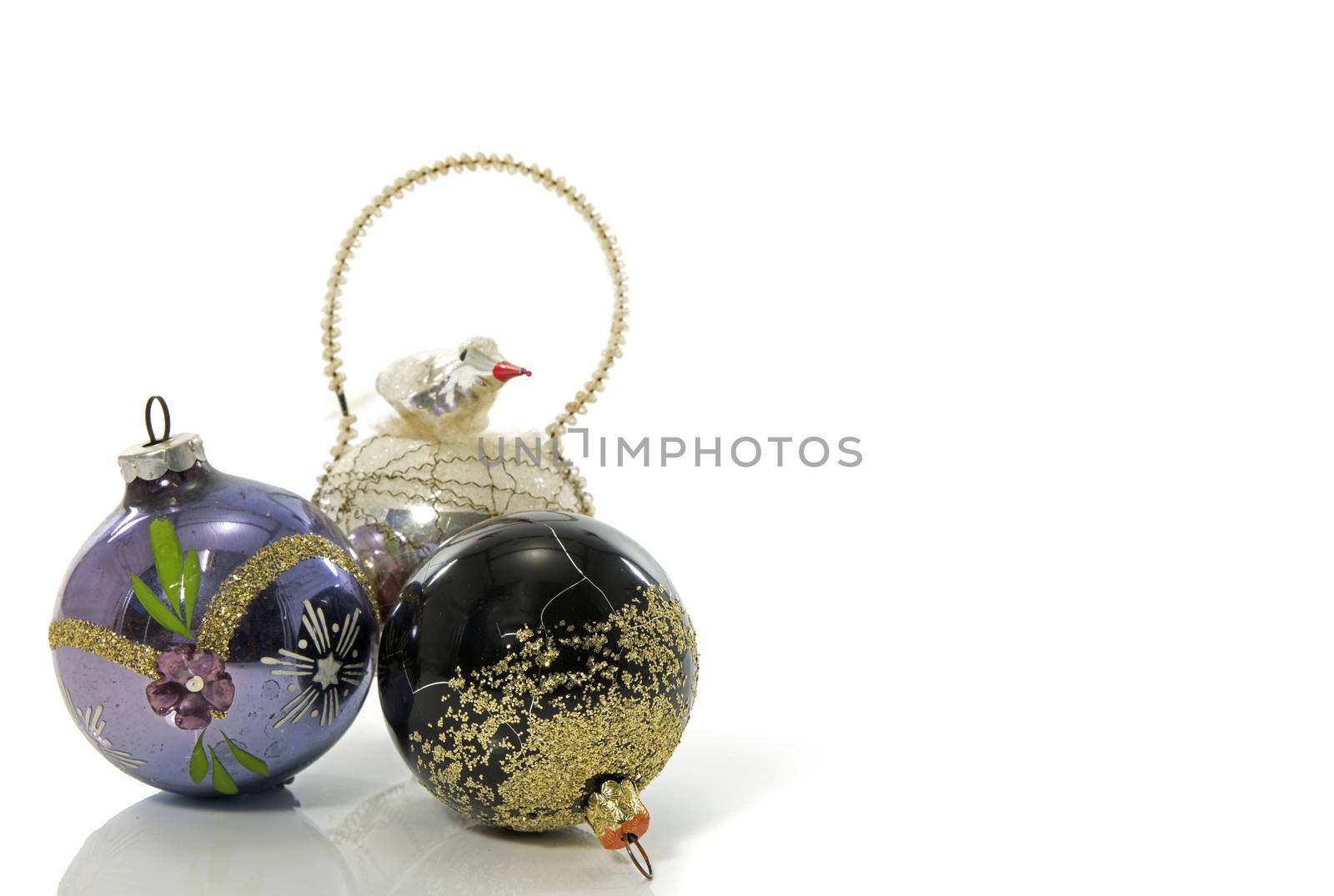 old vintage baubles for the christmas tree with a bird all made from glass