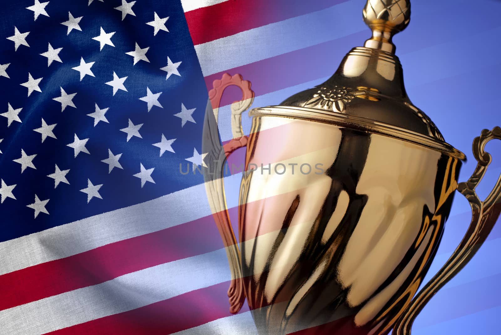 Silver winners trophy with the American Flag conceptual of a championship win for the United States in sport or a competition