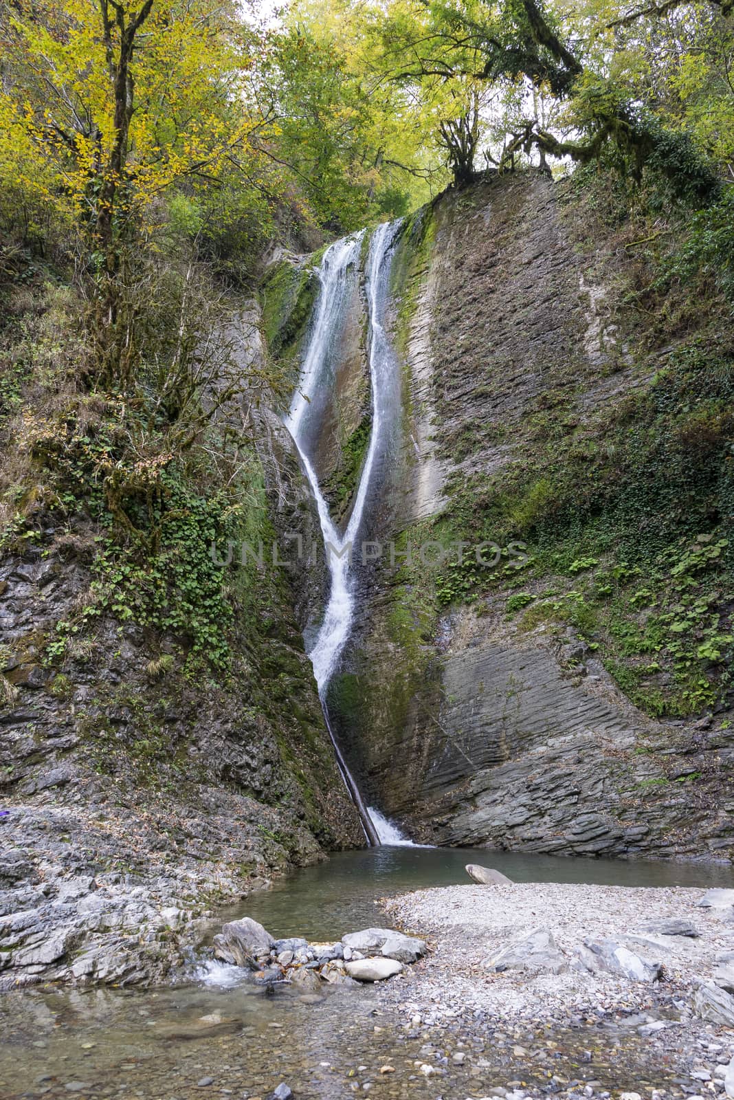 Orekhovsky waterfall is a tourist attraction near the city of Sochi, Russia. Clear day 29 October 2019.