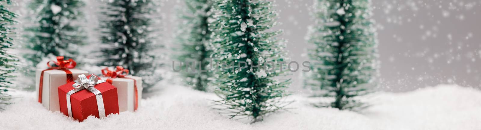 Christmas gifts in fir tree forest under snow