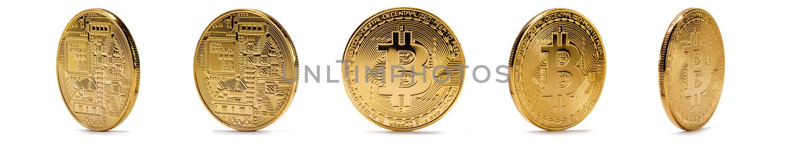 Set of gold coins with bitcoin sign isolated on white background