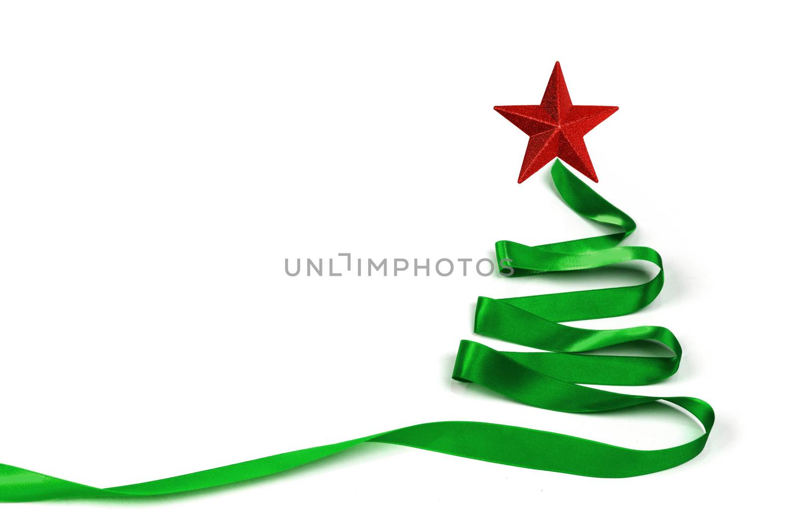 Stylized green ribbon Christmas tree with red star isolated on white background
