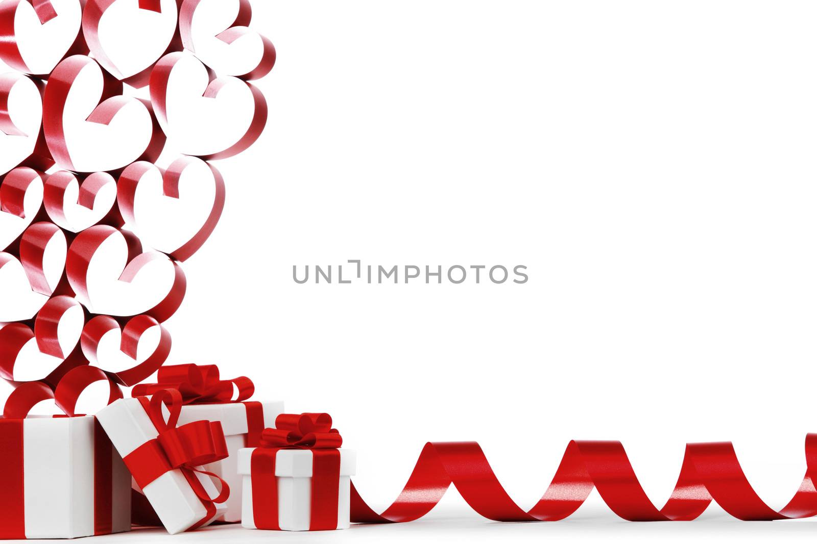Gifts in white boxes with red ribbons and hearts isolated on white background