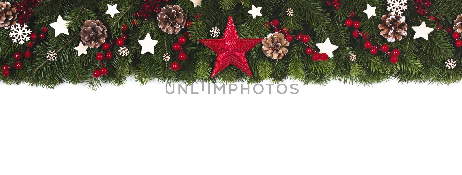 Christmas New year decoration frame isolated on white , fir tree branches , red baubles and pine cones , wooden decor , red berries , copy space for text