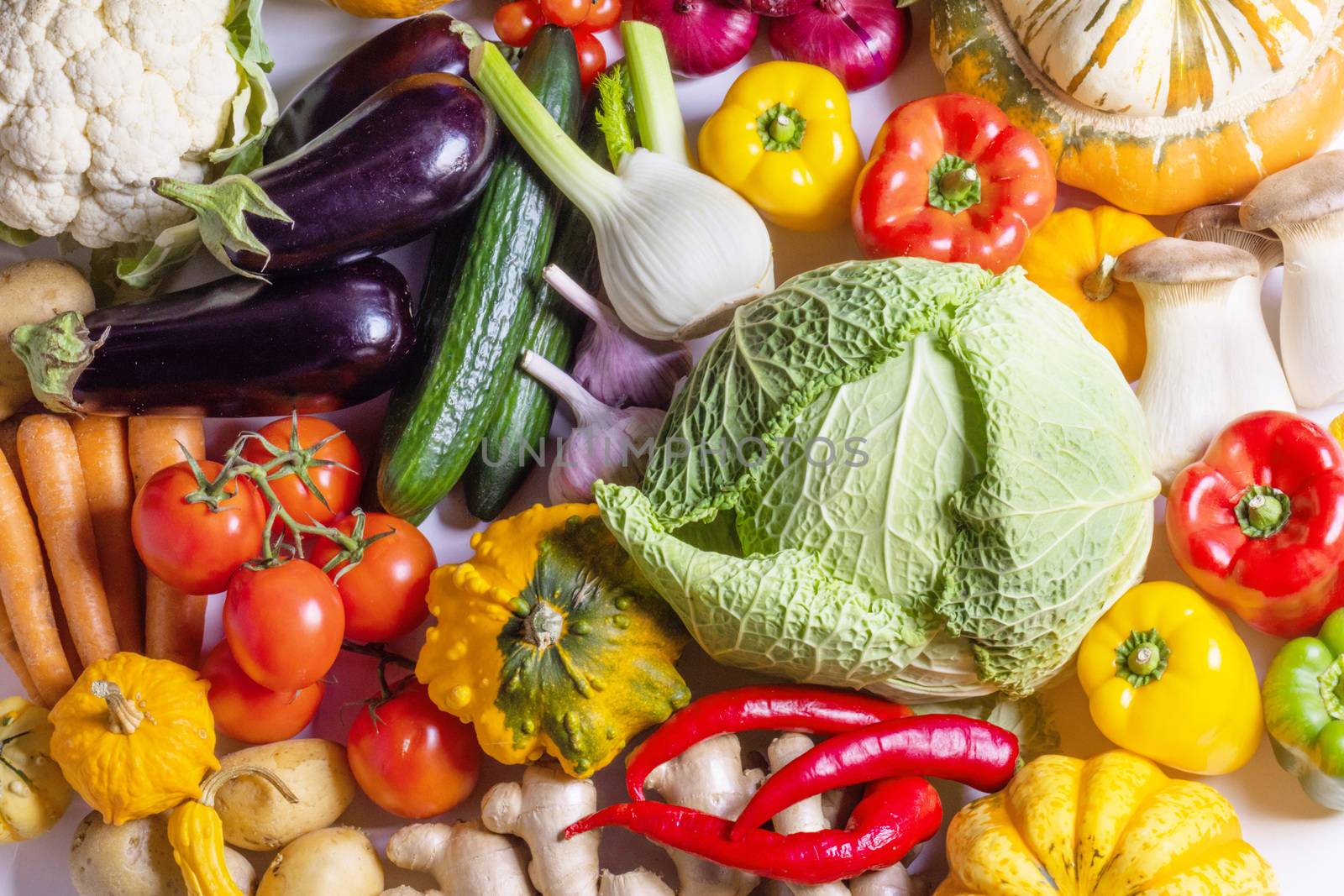 Harvest of many various colorful vegetables background