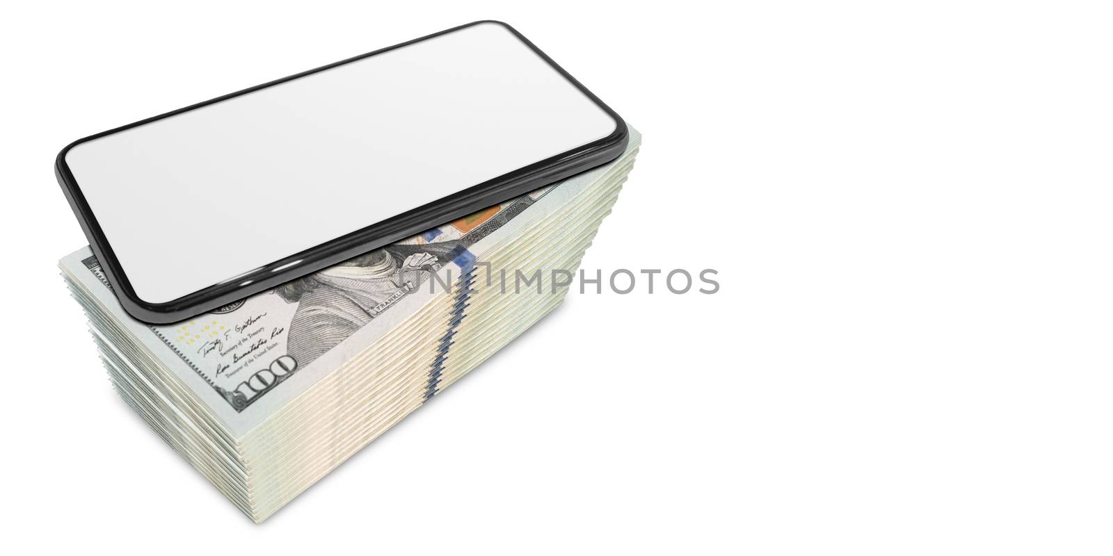 Phone put on a dollar 3d illustration on white background.(with Clipping Path).