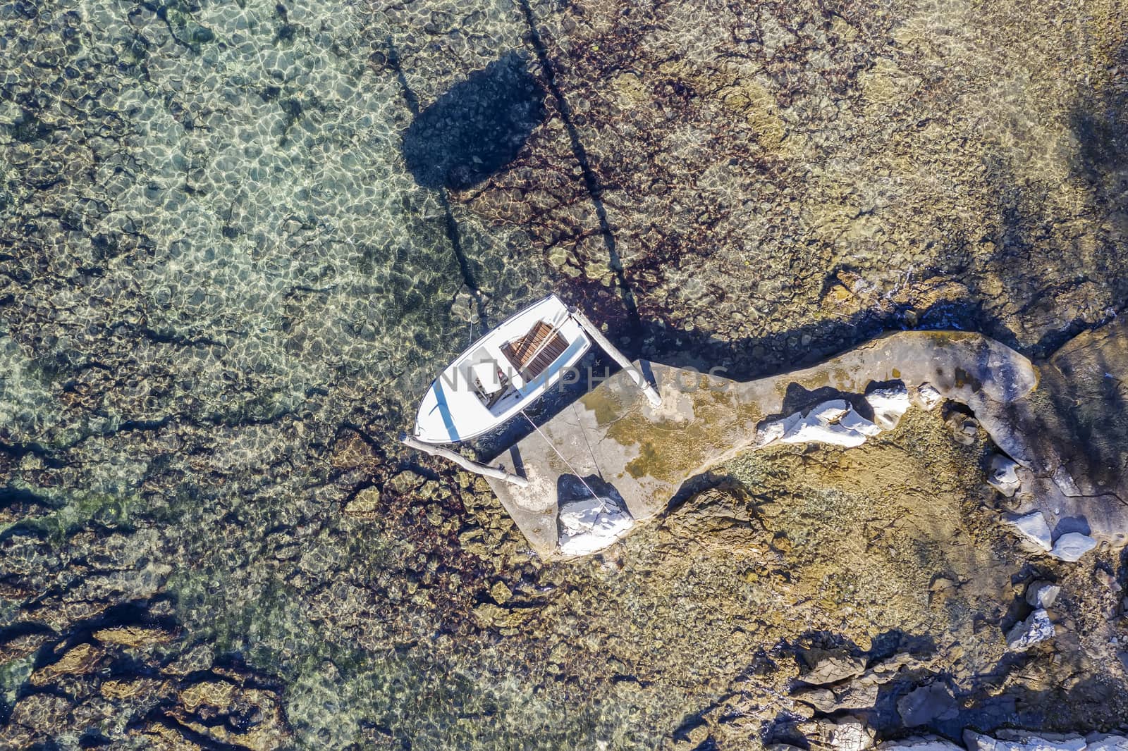 aerial view of hanging boat on the beach near the town of Umag, Istria, Croatia