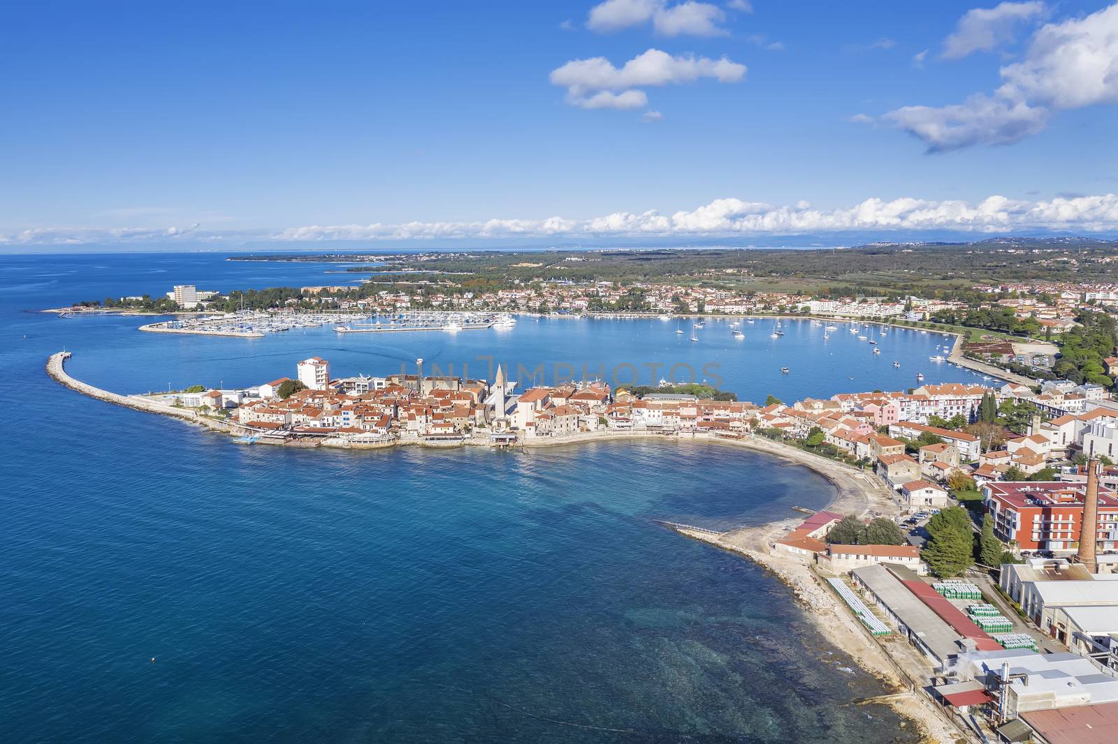 An aerial view of old town Umag, Istria, Croatia