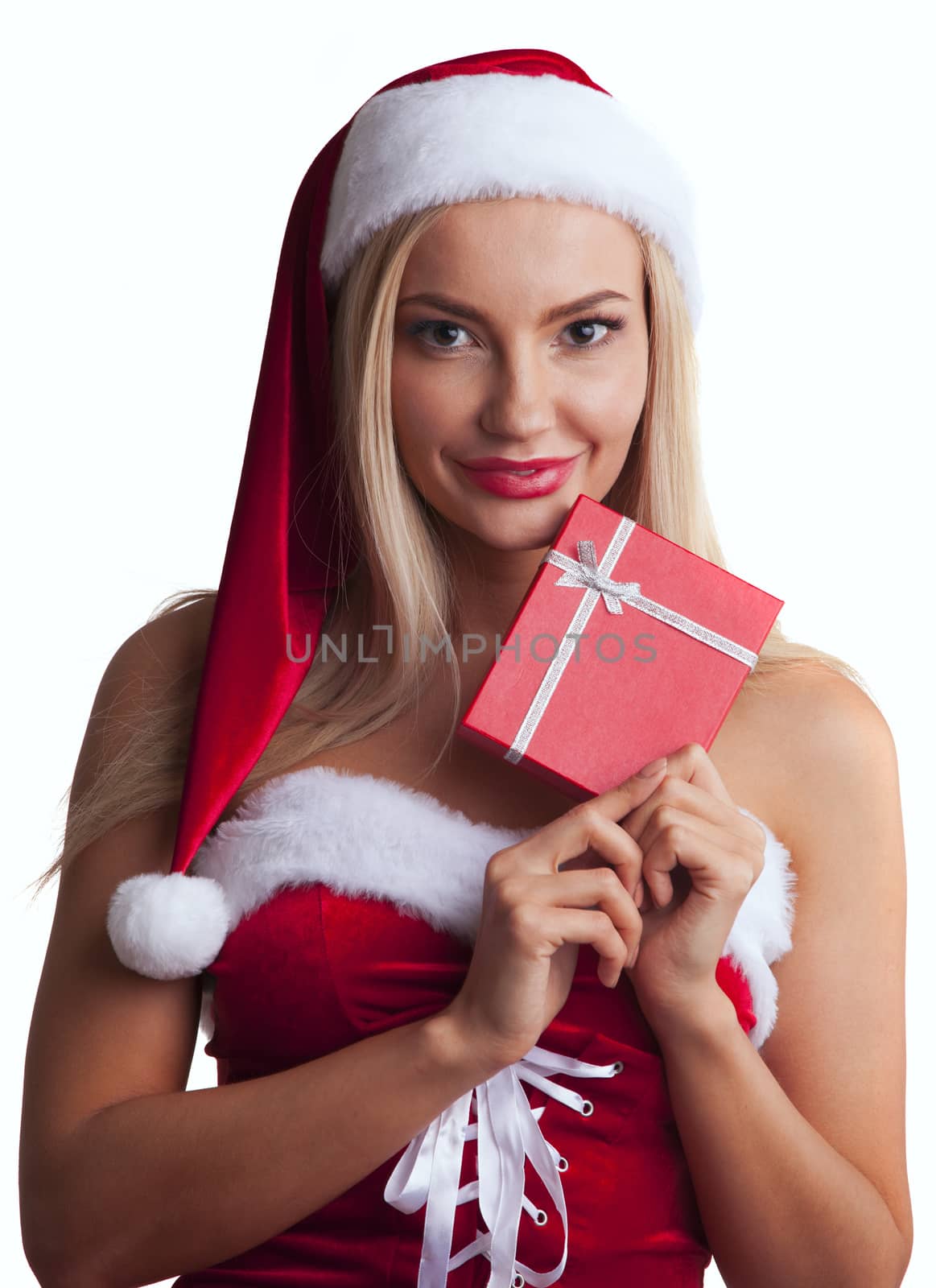 Woman in santa dress with gift by ALotOfPeople