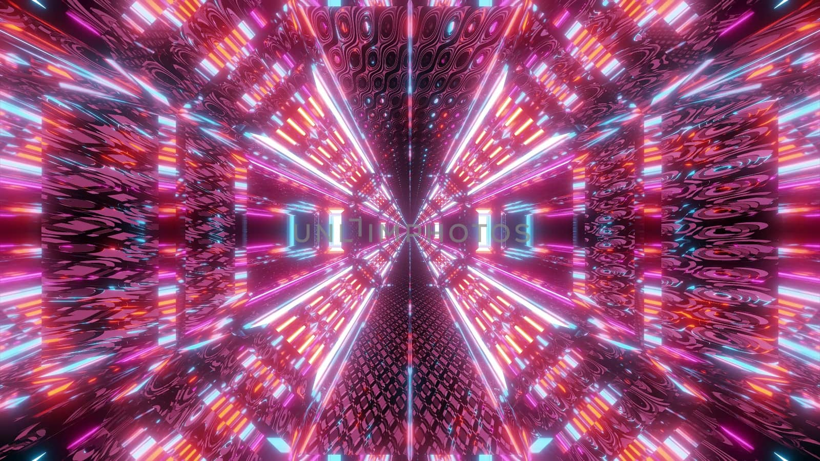 abstract textured sci-fi tunnel corridor with endless lights 3d illustration wallpaper background stock image, futuristic space hangar 3d rendering with nice texture